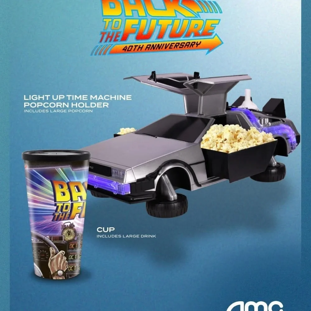 AMC Back to the Future 40th Anniversary DeLorean Popcorn Bucket and Cup.